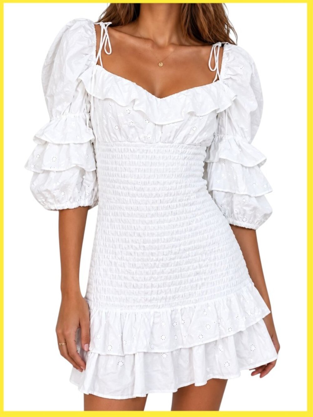 For Love & Lemons Bora Bora White Eyelet Ruffle Mini Dress L